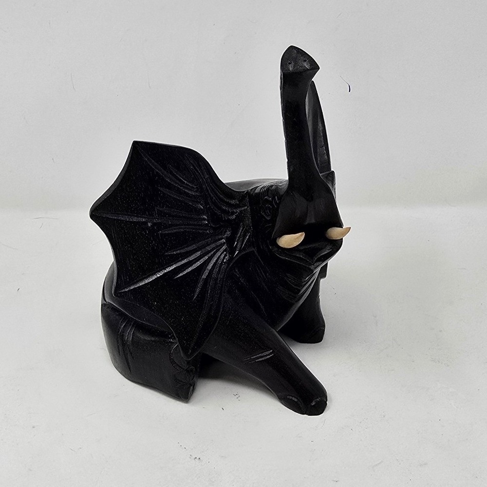 Vtg hand carved upward lucky trunk elephant wooden black figurine folk art moody